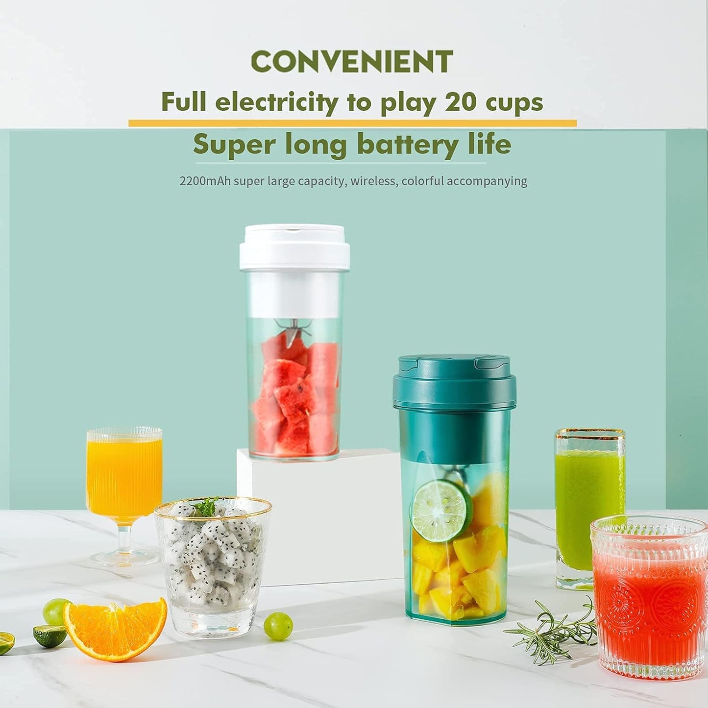 Portable Blender, 550Ml Personal Size Blender for Shakes and Smoothies, Portable Blender Fruit Rechargeable with USB, Travel Blender with Six Blades, Juicer Cup for Gym, Travel (White)